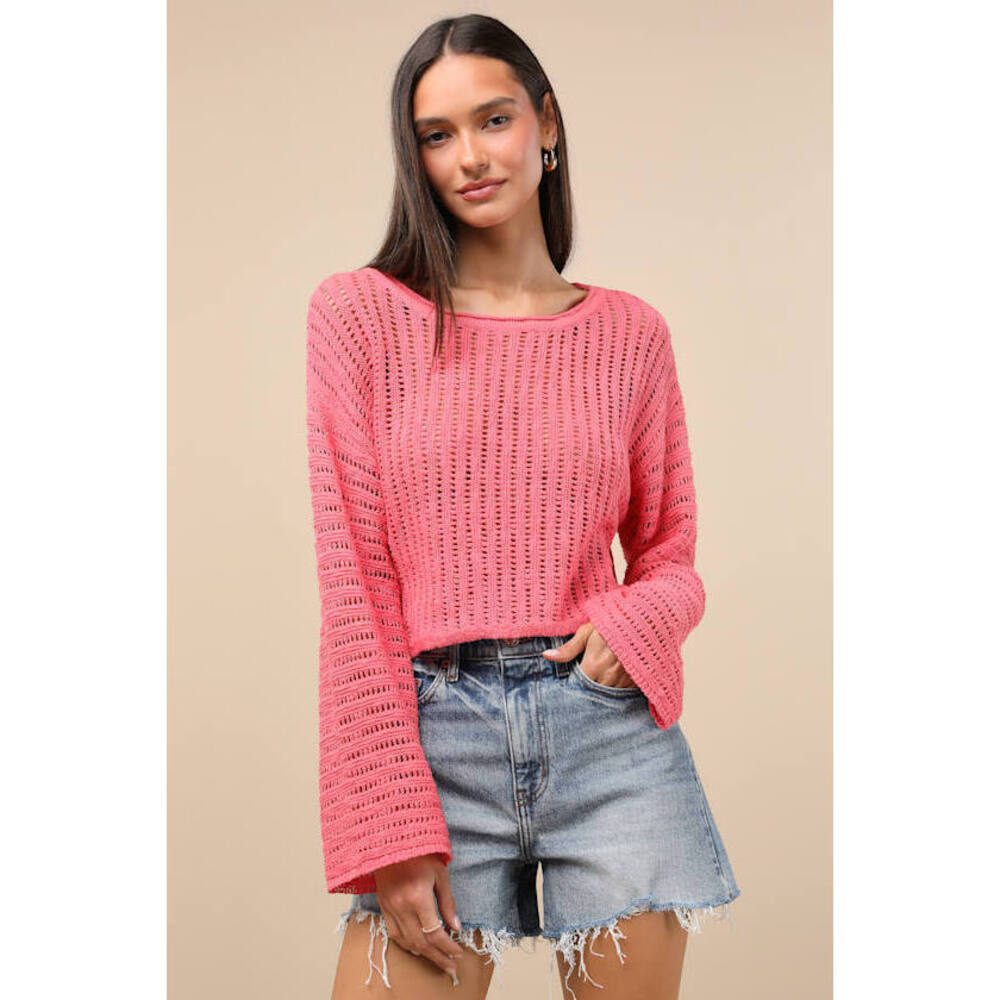 Lulus Minna Hot Pink Open Knit Dolman Sleeve Sweater - Size L